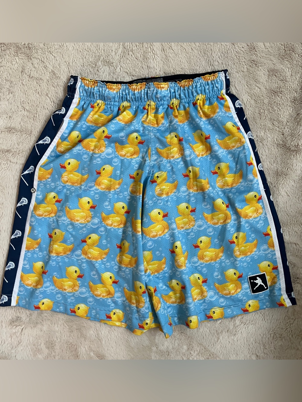 Men's Blue Athletic Shorts with Yellow Duck Pattern